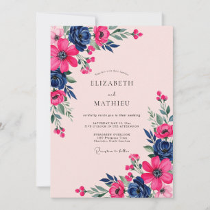 Magenta Navy Botanische Frühlingshochzeit Einladung