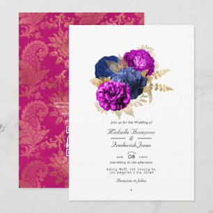Magenta Navy und Gold Blumen Hochzeit QR-Code Rsvp Einladung