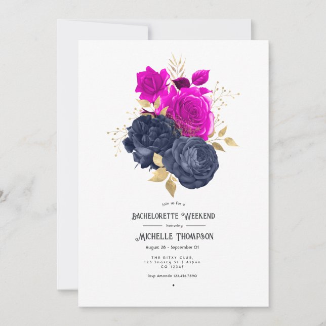 Magenta Navy und Gold Floral Bachelorette Weekend Einladung (Vorderseite)