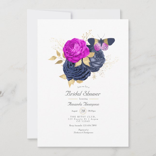 Magenta Navy und Gold Floral Brautparty Einladung (Vorderseite)