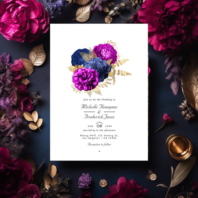 Magenta Navy und Gold Floral Wedding QR Code UAwg Einladung (Von Creator hochgeladen)