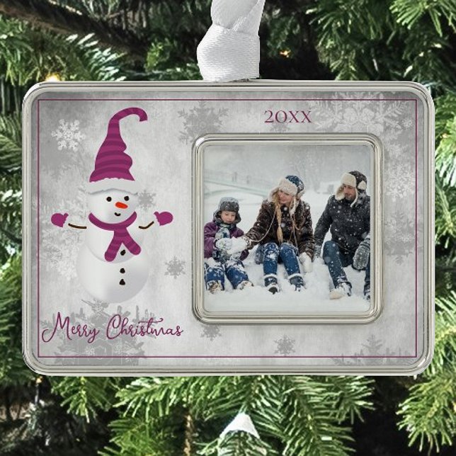 Magenta Niedlich Snowman Holiday Rahmen-Ornament Silber (Magenta Cute Snowman Holiday Ornament)