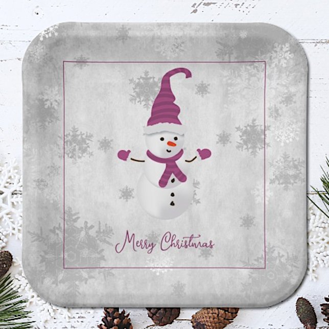 Magenta Niedlich Snowman Paper Plate Pappteller (Magenta Cute Snowman Christmas Paper Plates)