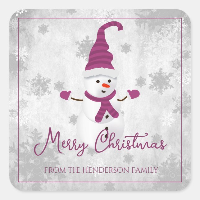 Magenta Niedlich Snowman Weihnachtssticker Quadratischer Aufkleber (Vorderseite)