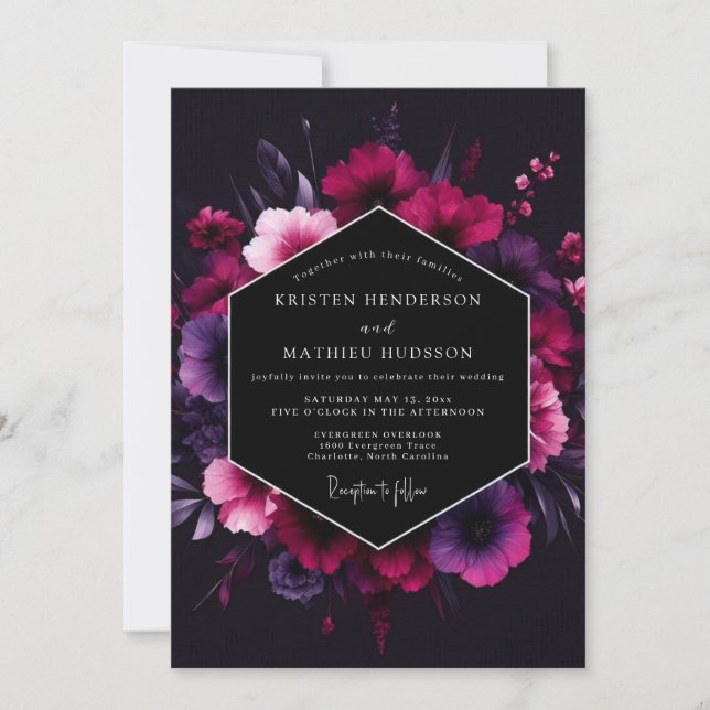 Magenta Noir Bloom Hochzeit Einladung (Vorderseite)