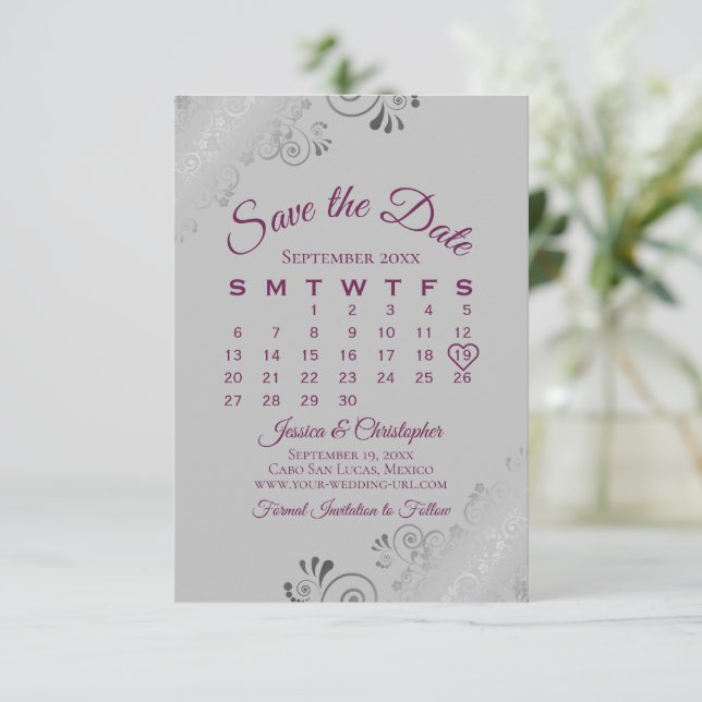 Magenta on Gray Silver Curls Wedding Calendar Save The Date (Stehend Vorderseite)