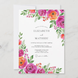 Magenta Orange Blütenromanze Hochzeit Einladung
