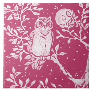 Magenta Owl Night Moon Animal Nature Woodland Fliese