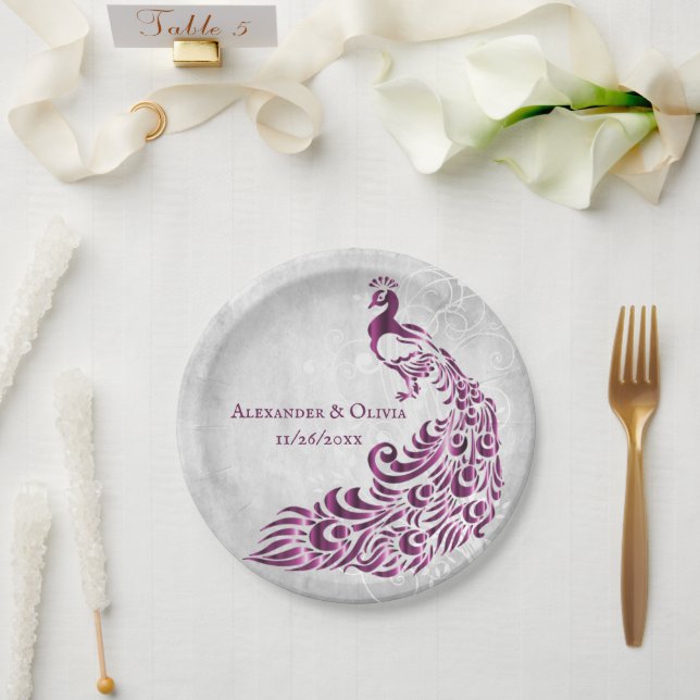 Magenta Peacock Leaf Hochzeitsscheibe Pappteller (Hochzeit)