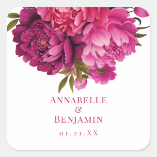 Magenta Peony Floral Wedding Quadratischer Aufkleber