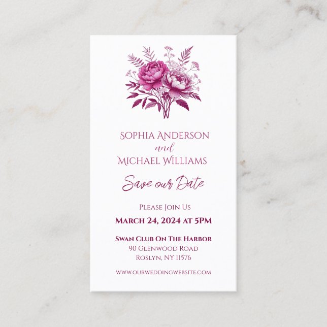Magenta Peony - Hochzeit Save the Date- Visitenkarte (Vorderseite)
