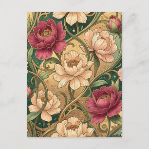 Magenta-Pfingstrose Blumenmuster Goldene Schwünge  Postkarte