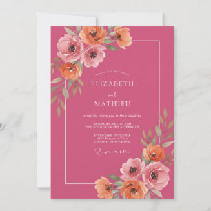 Magenta Pfirsich Aquarell Blumenhochzeit Einladung