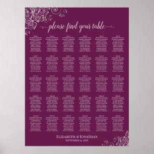 Magenta-Pflaume 30-Tisch-Hochzeits-Sitzplan Silber Poster