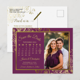 Magenta Pflaume Gold Hochzeit Termin Kalender Foto Ankündigungspostkarte
