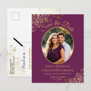 Magenta Pflaume & Gold Hochzeit Terminankündigung Ankündigungspostkarte