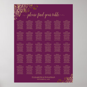 Magenta-Pflaume-und-Gold-30-Tische-Hochzeits-Sitzp Poster