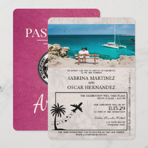 Magenta Pink Aruba Reisepass Hochzeitseinladung Einladung