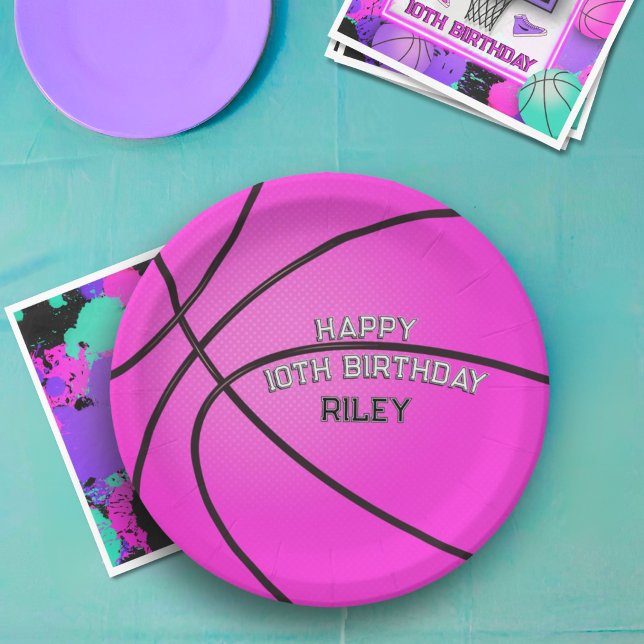 Magenta Pink Basketball Happy Geburtsname Pappteller (Von Creator hochgeladen)