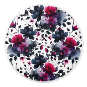 Magenta Pink & Blau Inky Floral Wasserfarbe Keramikknauf
