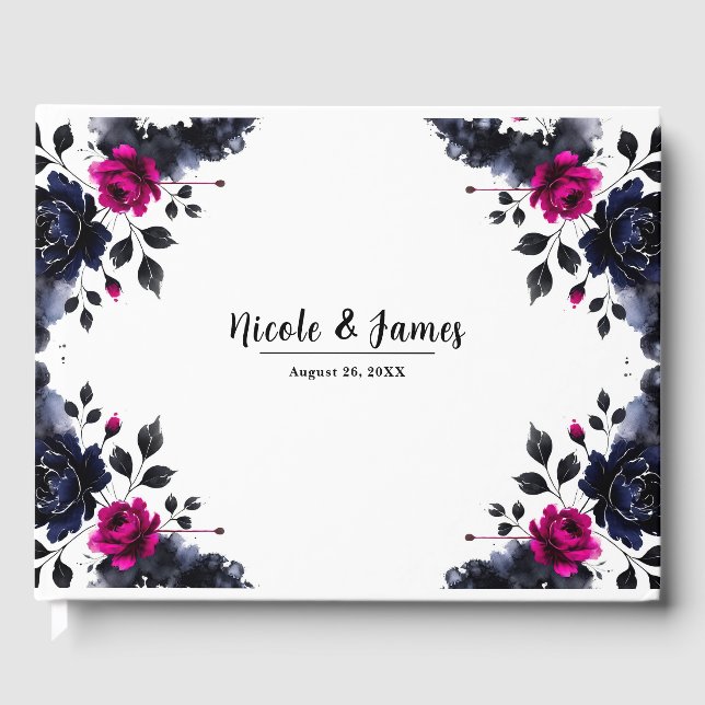 Magenta Pink & Blue Inky Wasserfarbenhochzeit Gästebuch (Vorderseite)
