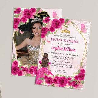 Magenta Pink Blumenprinzessin Quinceañera Foto Einladung