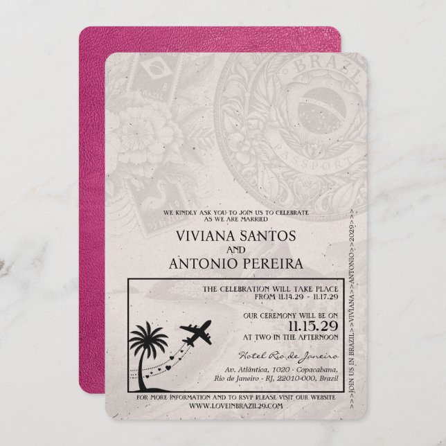 Magenta Pink Brasilien Passport Hochzeit Einladung (Vorne/Hinten)