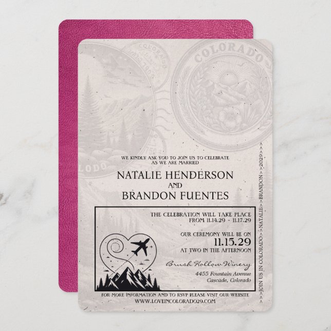 Magenta Pink Colorado Passport Wedding Einladung (Vorne/Hinten)