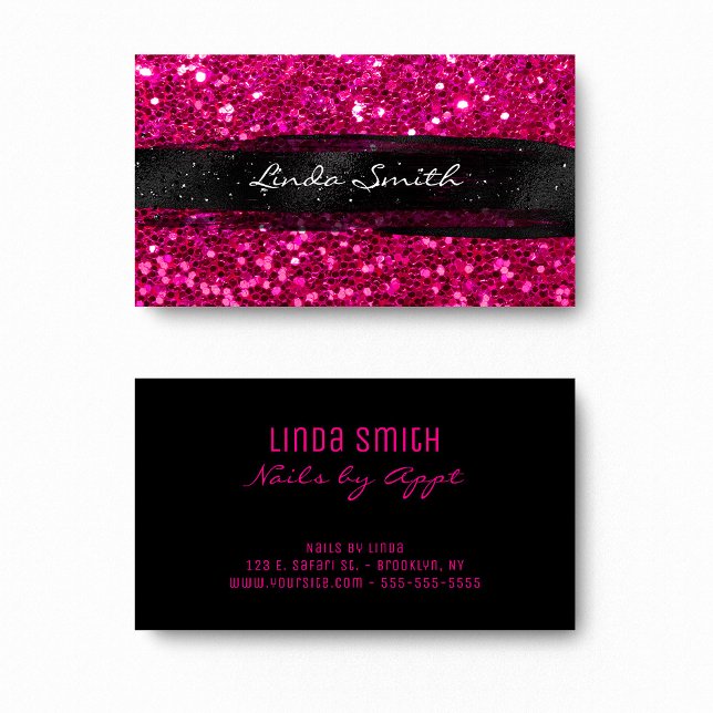 Magenta Pink Confetti Glitzer Black Brush Strokes Visitenkarte (Magenta Pink Confetti Glitter Black Brush Strokes Business Card)