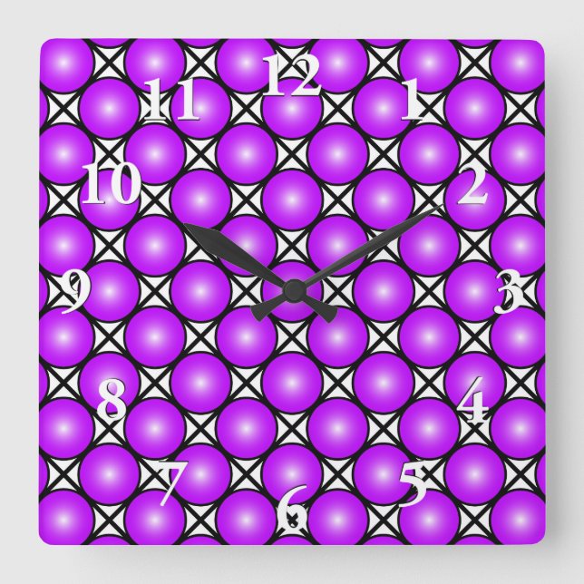 Magenta Pink Dots Schwarz-weißes Gittermuster Quadratische Wanduhr (Vorderseite)