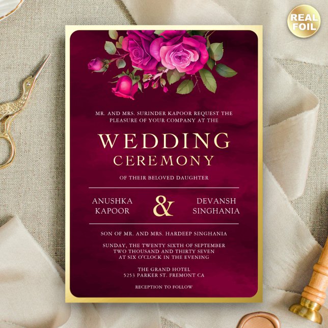 Magenta Pink Floral Foto Indian Wedding Gold Folieneinladung (Von Creator hochgeladen)