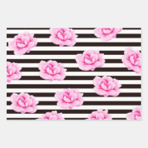 Magenta Pink Floral Stripe Wrapping Paper Set 3