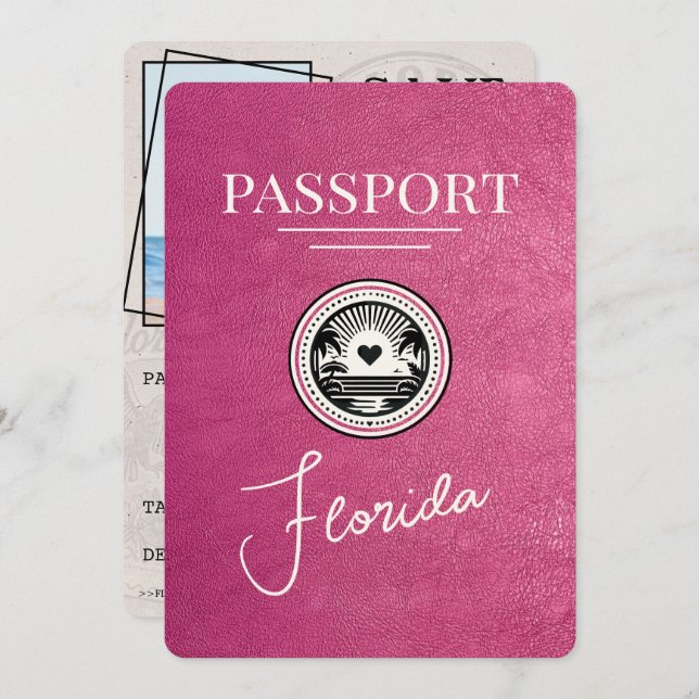 Magenta Pink Florida Passport Save the Date (Vorne/Hinten)