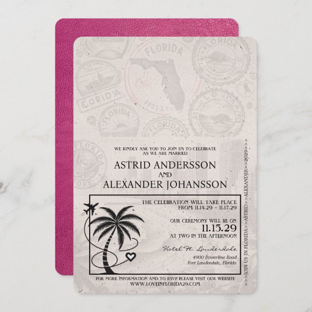 Magenta Pink Florida Passport Wedding Einladung (Vorne/Hinten)