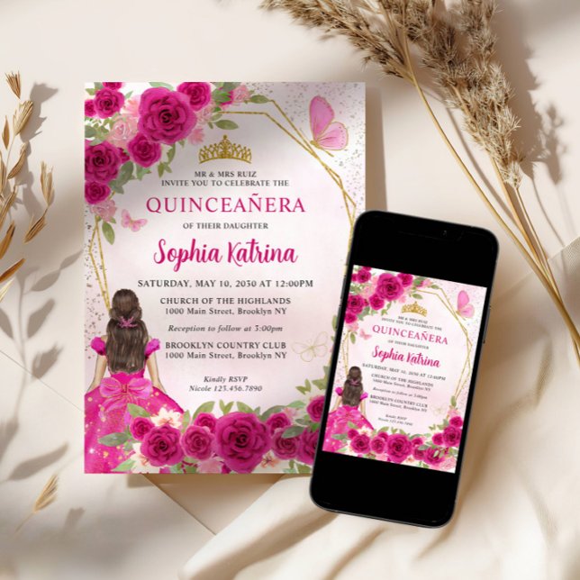 Magenta Pink Glam Gold Floral Prinzessin Quinceañe Einladung (Von Creator hochgeladen)