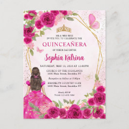 Magenta Pink Glam Gold Floral Prinzessin Quinceañe Einladungspostkarte