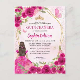 Magenta Pink Glam Gold Floral Prinzessin Quinceañe Einladungspostkarte