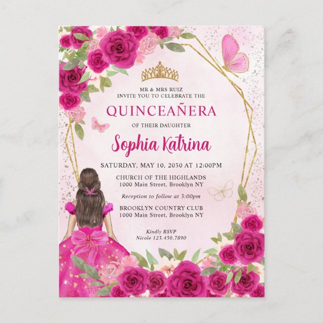 Magenta Pink Glam Gold Floral Prinzessin Quinceañe Einladungspostkarte (Vorderseite)