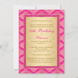 Magenta Pink, Gold Damask 18. Geburtstag Einladung