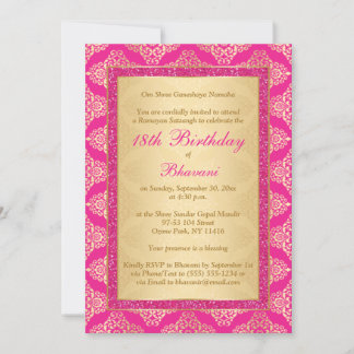 Magenta Pink, Gold Damask 18. Geburtstag Einladung
