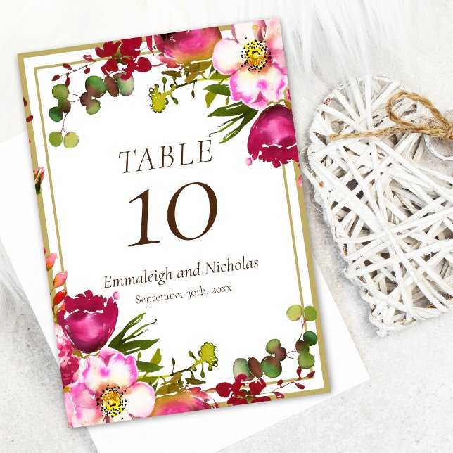Magenta Pink Gold Floral Wedding Tischnummer (Von Creator hochgeladen)