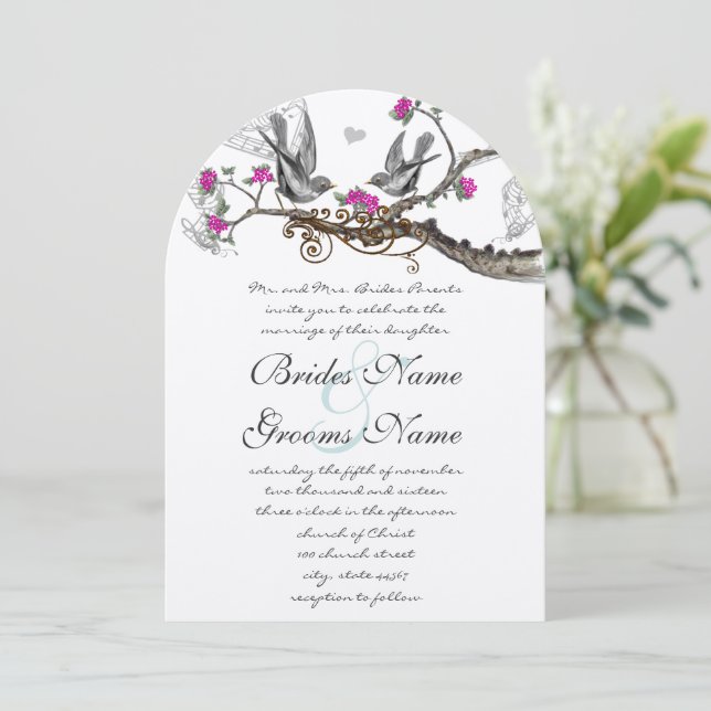 Magenta Pink & Gray Vintage Birds Forest Wedding Einladung (Stehend Vorderseite)