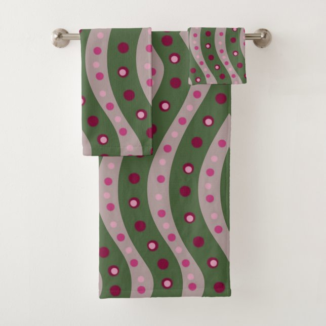 Magenta Pink Green Springtime Polka Dot Gemustert Badhandtuch Set (Insitu)