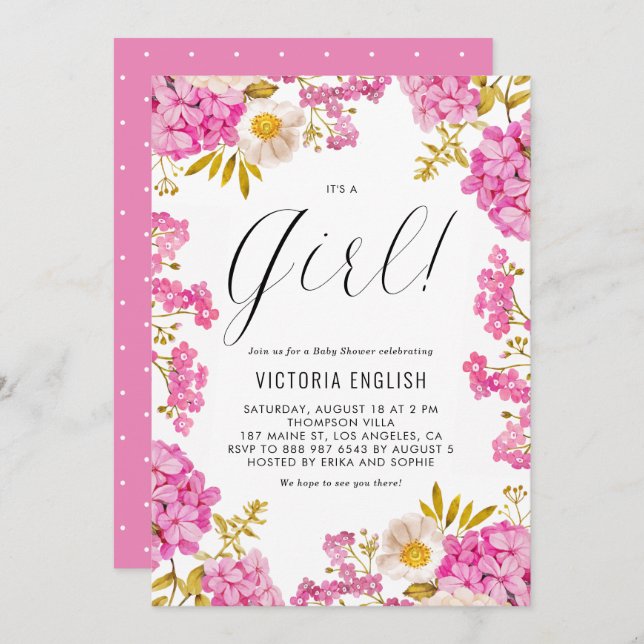 Magenta Pink Hydrangeas Es ist eine Girl Baby Dusc Einladung (Vorne/Hinten)