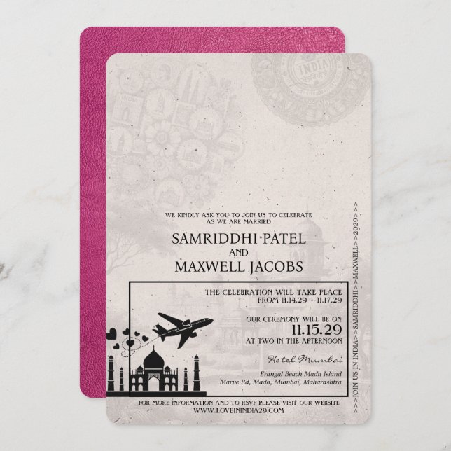Magenta Pink India Pass Einladung zur Hochzeit (Vorne/Hinten)