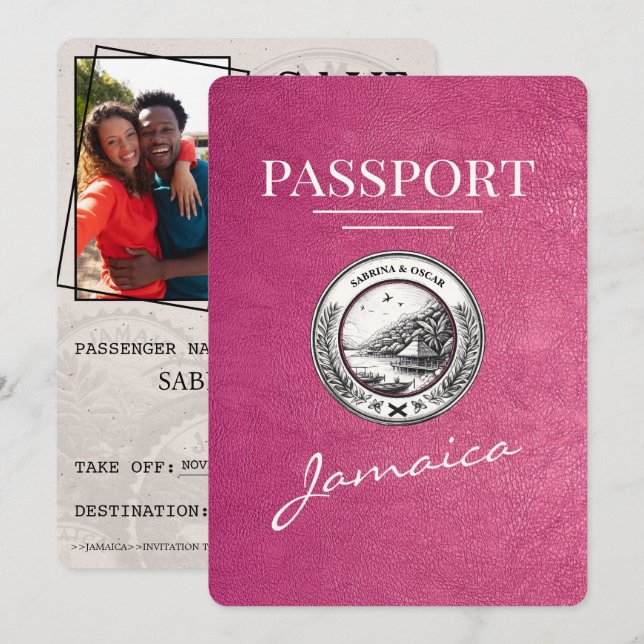 Magenta Pink Jamaica Passport Save the Date (Vorne/Hinten)