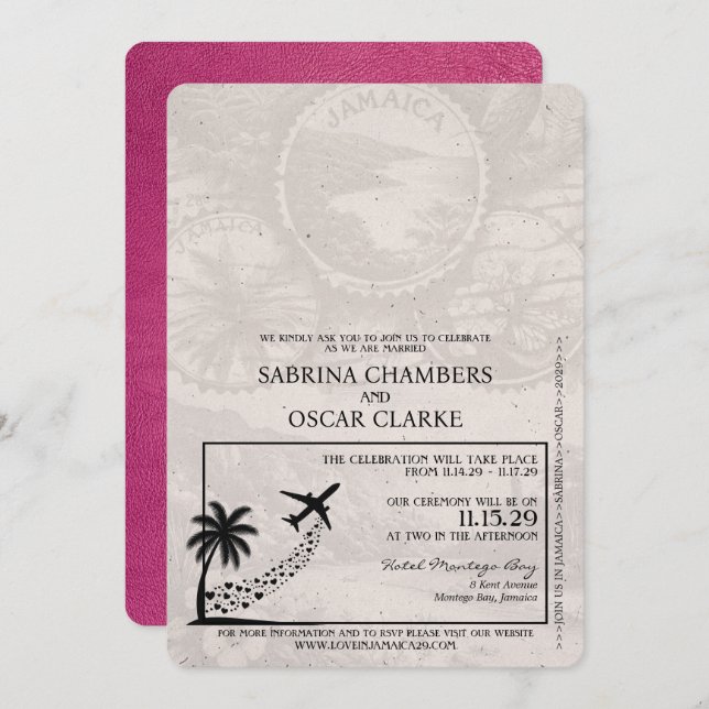 Magenta Pink Jamaica Passport Wedding Einladung (Vorne/Hinten)