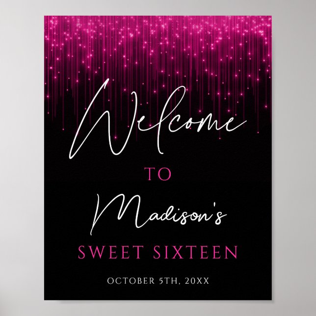 Magenta Pink Lights Black Sweet 16 Willkommen Poster (Vorne)
