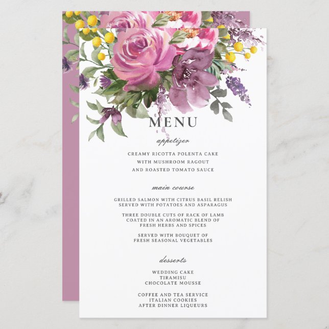 Magenta Pink Lila Floral Boho Chic Wedding Menu (Vorne/Hinten)