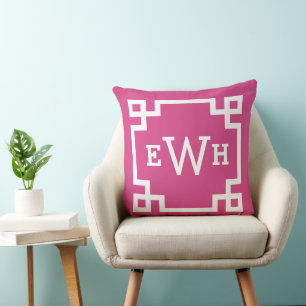Magenta Pink Monogram Griechischer Schlüssel Kissen
